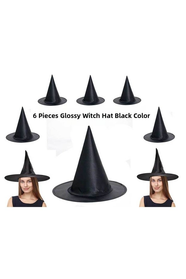 Ramia-Premium | Halloween Black Color Shiny Dralon Witch Hat Adult and Child Compatible 6 Pieces | Tg