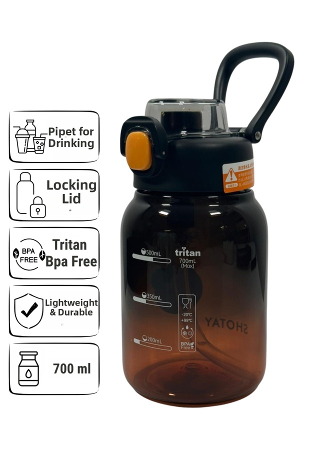 Tritan Water Bottle – 700 ml Water Bottle with Straw, Locking Lid, and Carrying Strap - Black