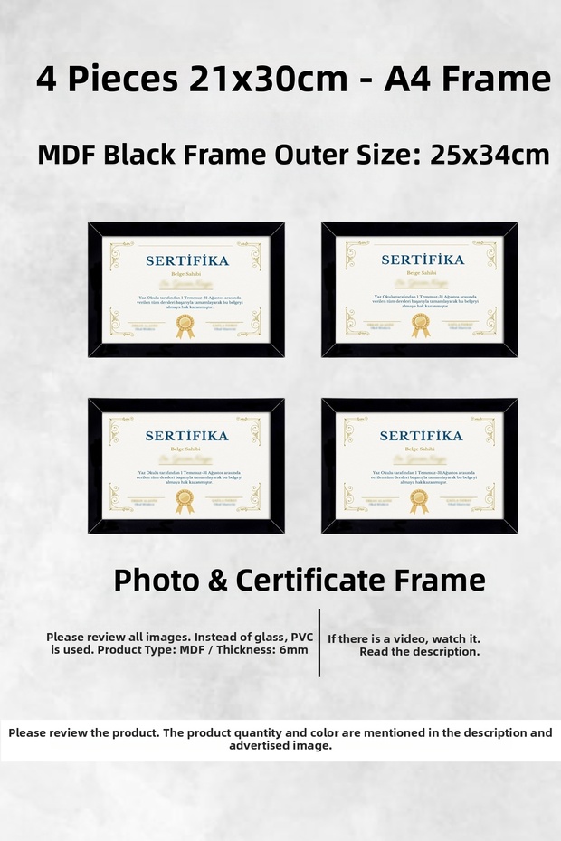 4 قطع إطار 21×30 - إطار MDF - إطار صور - إطار شهادة A4 - شهادة