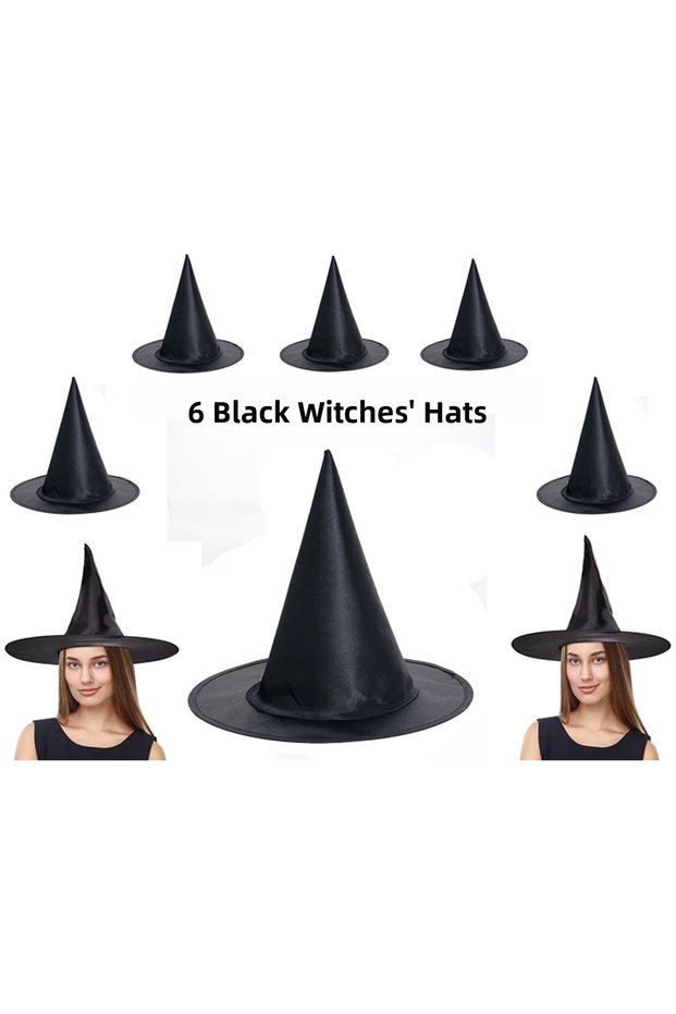 Ilkestor Black Color Shiny Dralon Witch Hat Adult and Child Compatible (180056) 6 Pieces