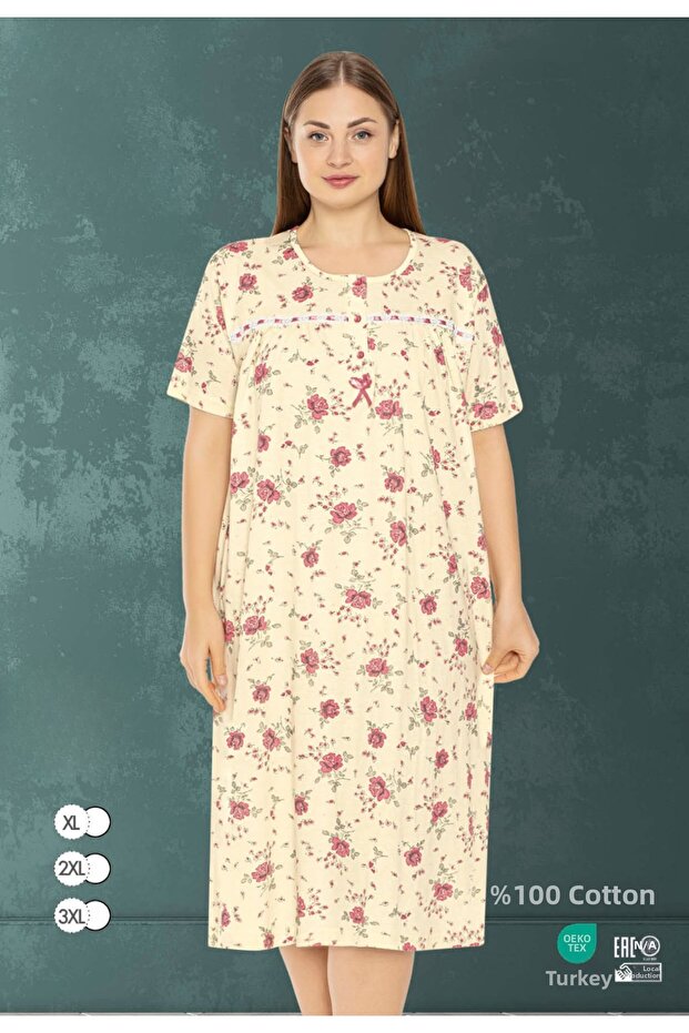 Women's Plus Size Floral Patterned 100% Cotton Short Sleeve Nightgown / Cream - Pink - - B 504