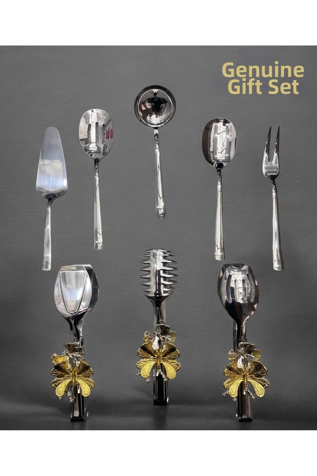 Set of 8 Stainless Steel Silver Colander, Scoop, Shovel, Fork, Spoon, Butterfly Tongs Serving Set, Dowry
