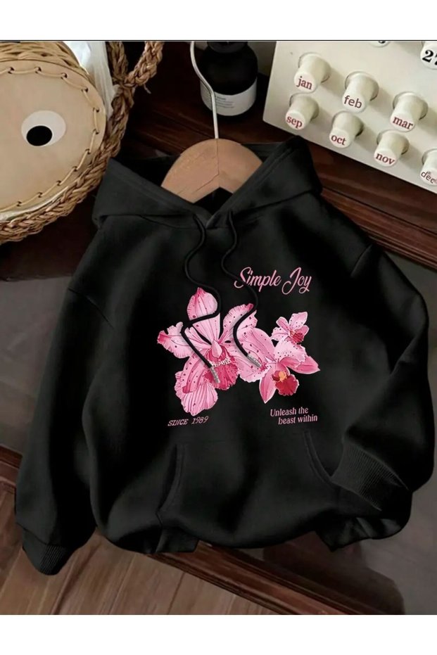 Simple Joy Print Detailed Hooded Sweatshirt with Fleece Inside
