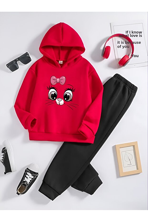 Biyikli Cat Printed Bottom Cotton Thick Fabric Tracksuit Set Code:2001