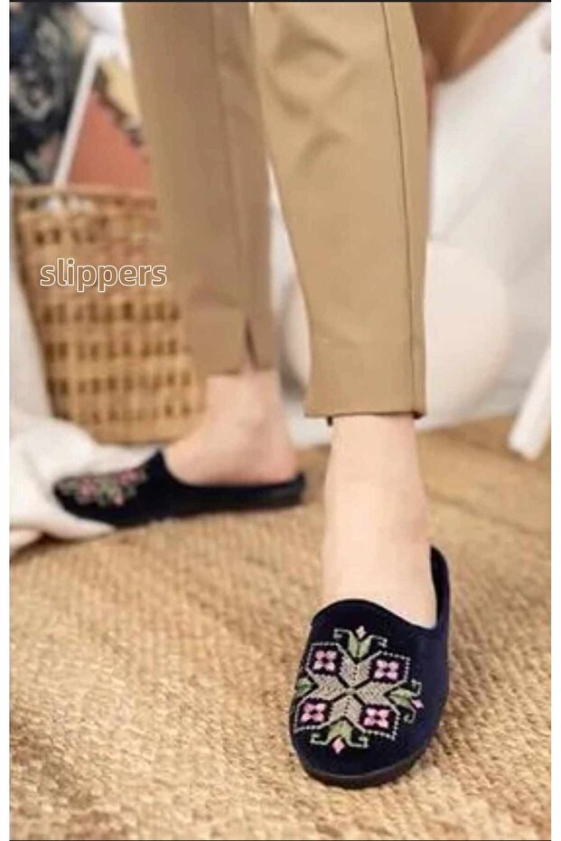 Navy Blue Straw Women's Indoor Slippers Winter Indoor Soft Comfortable Slippers Embroidered Dowry Guest Slippers