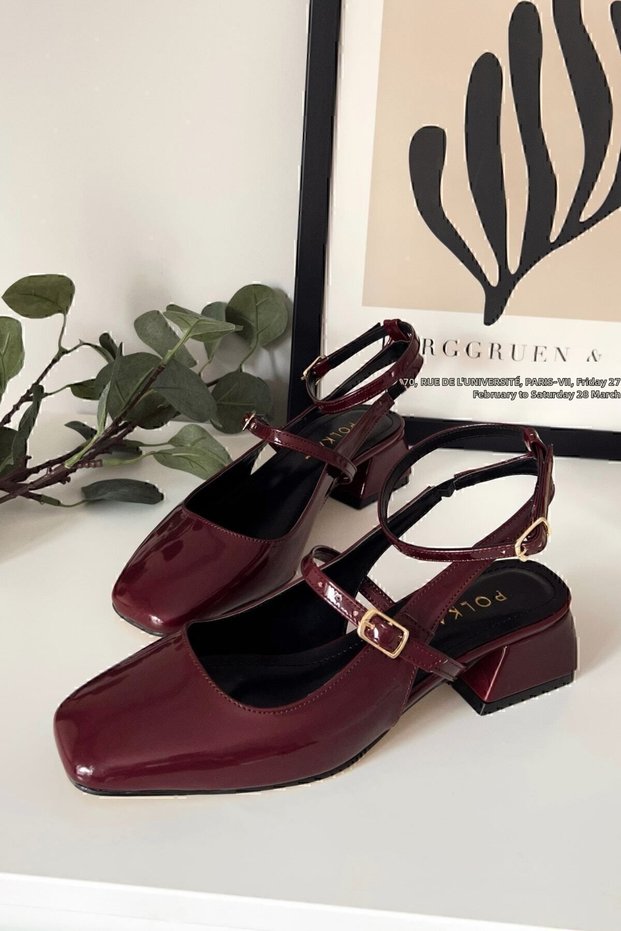 Burgundy Patent Leather Women’s Mary Janes with Open Heel, Square Toe, Short Block Heel Shoes