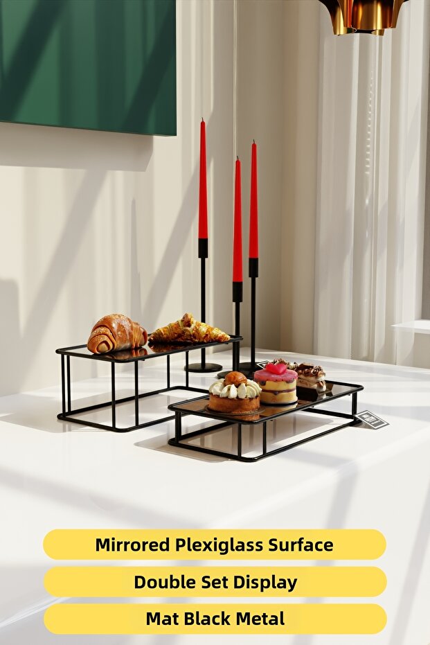 Prisma Model Black Mirrored Presentation Tray – Set of Two | Decorative & Stylish Presentation 30X15Cm