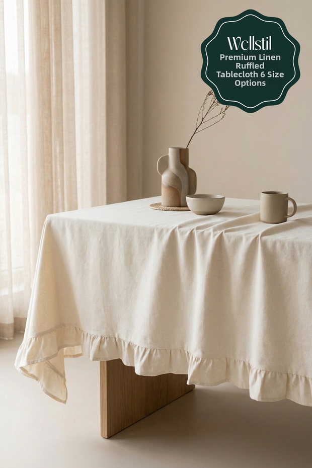 Pearl | Ruffled Linen Beige Tablecloth