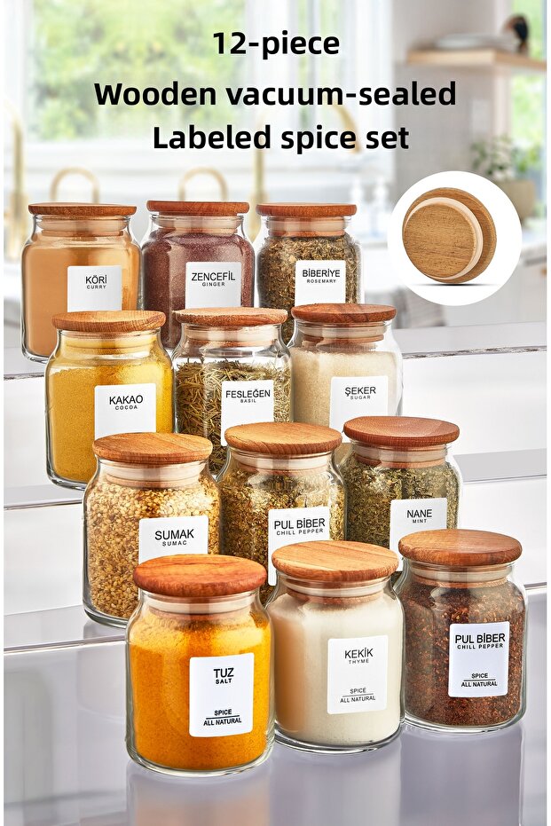 Set of 12 Glass Spice Jars with Bamboo Lids and Labels 290 ml