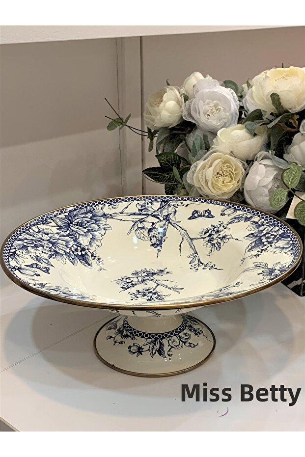 Blue Life Enameled Standing Fruit Bowl 30 cm