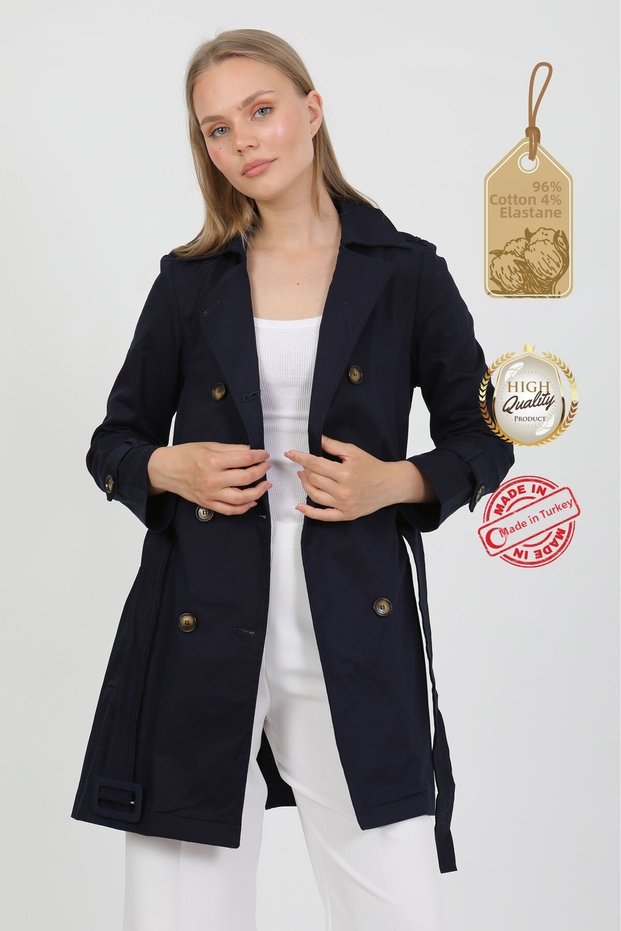 Dark Navy Blue Flexible Cotton Gabardine Short (80cm) Women's Trench Coat with Shoulder Epaulettes and Belt 1120