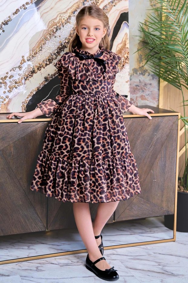 Girl's Leopard Patterned Amber Dress with Ruffled Chest and Ribbon Detail on the Collar
