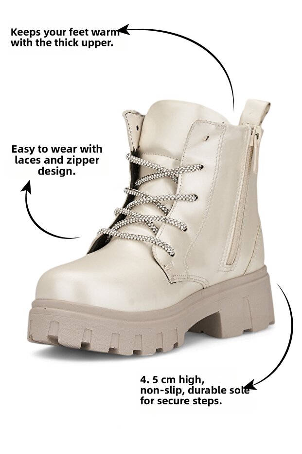 Bézs lakkbőr virágos köves fűzős cipzáras vastag borotválkozó gyerekcipő 600 - 2