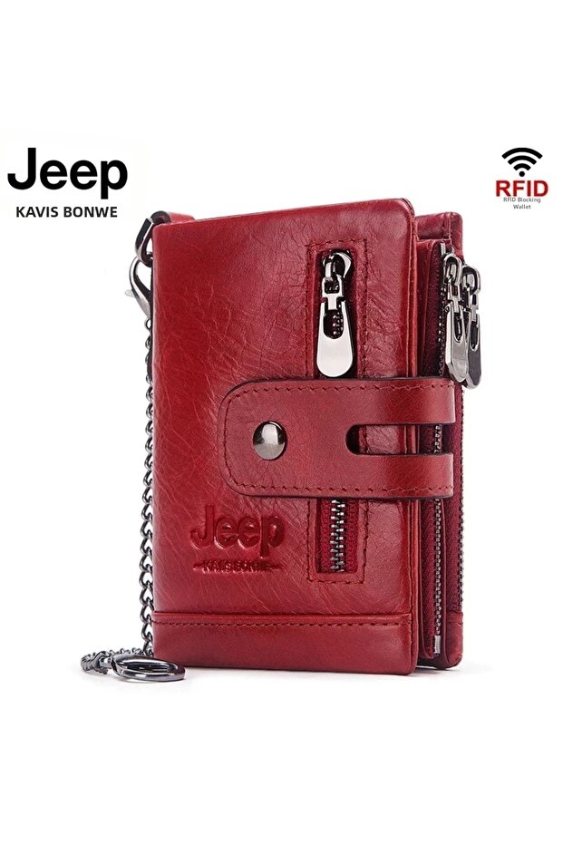 Unisex Red Special Boxed Wallet 100% Genuine Leather Coin Card Holder with Chain