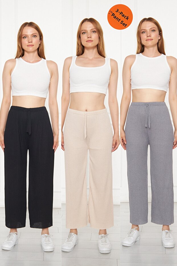 3-Pack Smoke - Camel - Black Women's Corded Fabric Patterned Pants & Sweatpants, Casual Homewear Pajamas