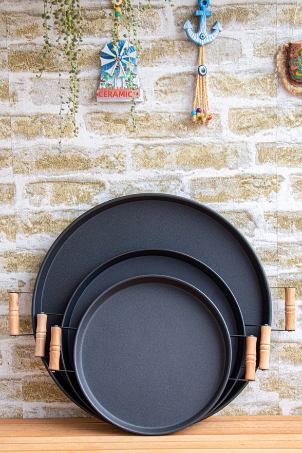 3 Pieces (51, 37, 30 CM) Metal Tray with Wooden Handles Tea Tray Coffee Tray Presentation Tray Set Black