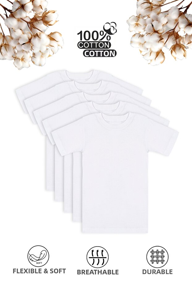 Özkan 0706 5-Pack Boys' 100% Cotton Ribbed Undershirt Flexible Comfortable Half Sleeve Closed Collar T-Shirt