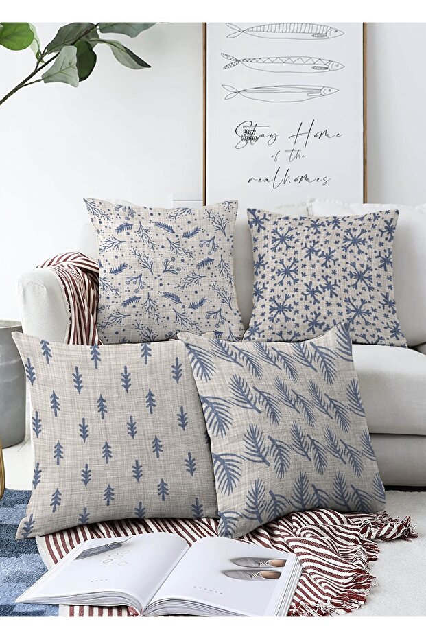 Decorative 4-Piece Double-Sided Raschel Pillow Throw Pillow Cover Set with Crystal and Pine Tree Motifs on Denim Floor