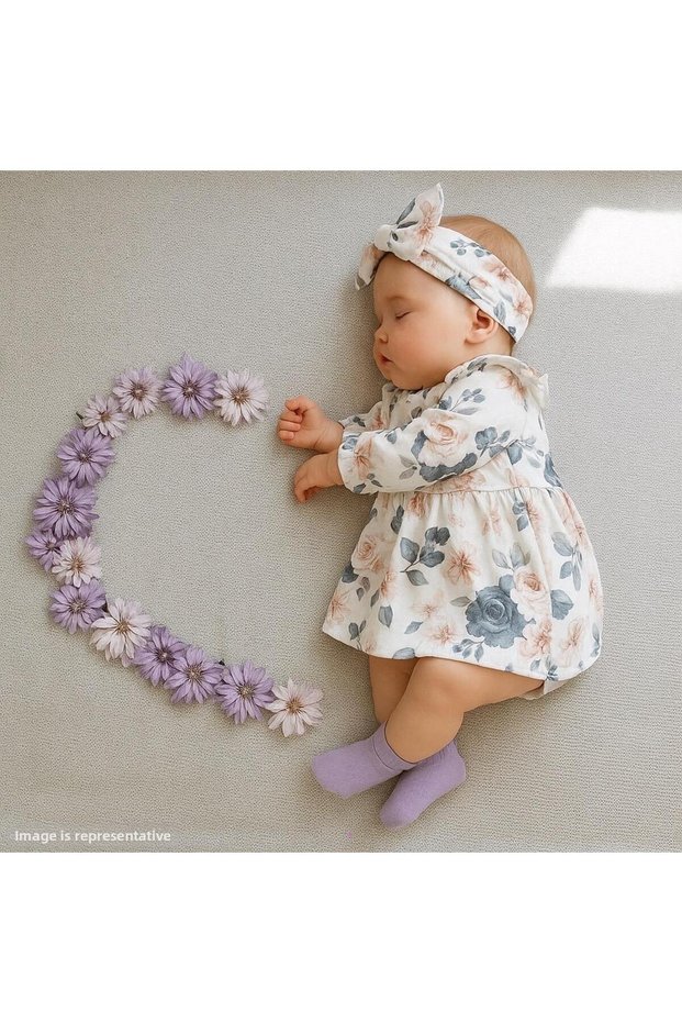 Newborn Baby Girl Colorful Floral Cotton Dress and Headband with Snap Detail Princess Model Dress