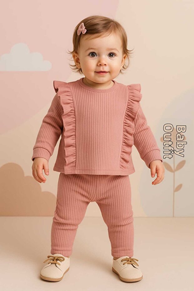 Girl's Ribbed Ribbed Bottom Top Set Slim Fit