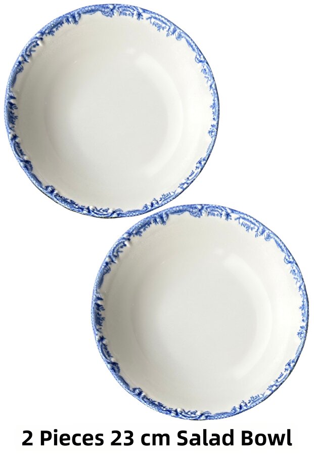 Antique baby blue 2-piece 23cm premium porcelain oversized salad bowl presentation serving set with blue floral design