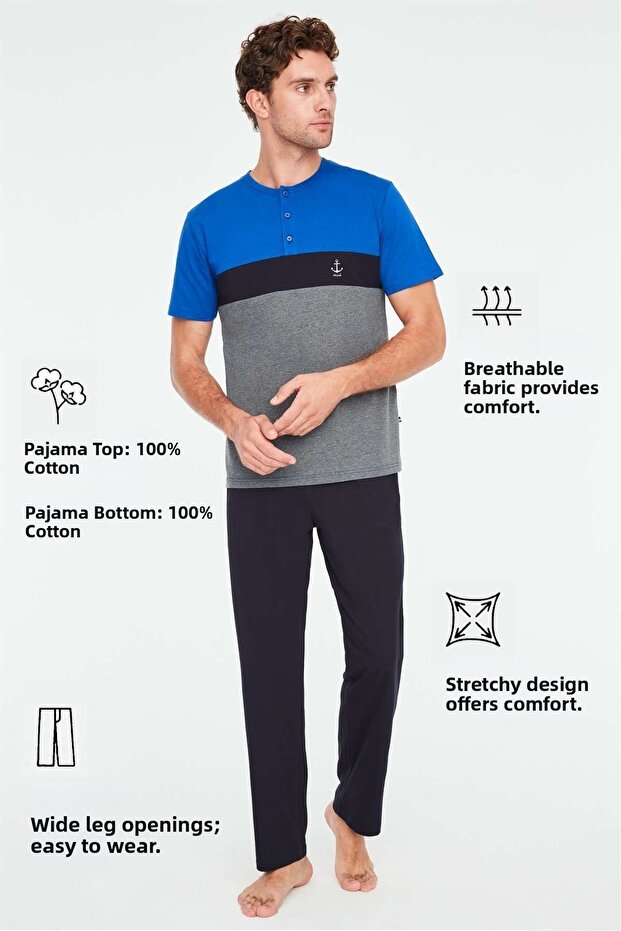 - Ανδρικό Σετ Πιτζάμες Saks Blue Placket - 4