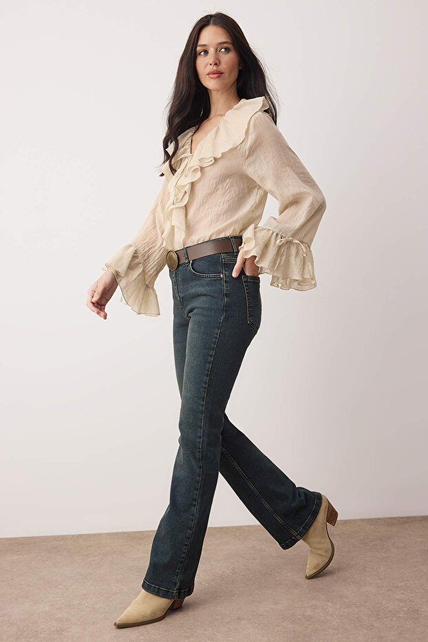 Mavi-Yeşil Soluk Efektli Yüksek Bel Orta Esnek Flare Jeans TWOSS26JE00022 - 5