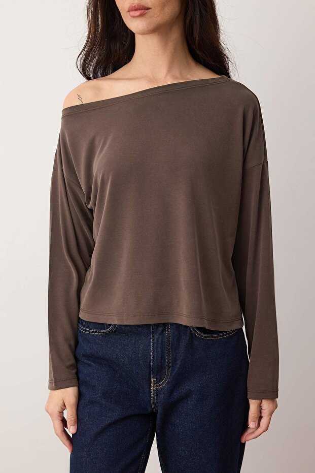 Kahverengi Modal More Sustainable Kayık Yaka Relaxed/Rahat Kesim Premium Örme Bluz TWOAW25BZ00282 - 3