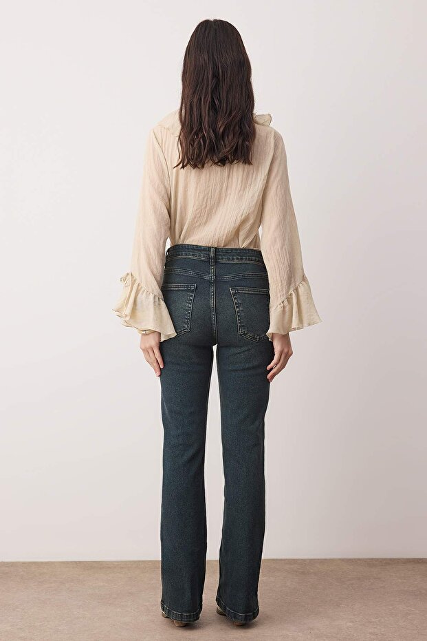 Mavi-Yeşil Soluk Efektli Yüksek Bel Orta Esnek Flare Jeans TWOSS26JE00022 - 8