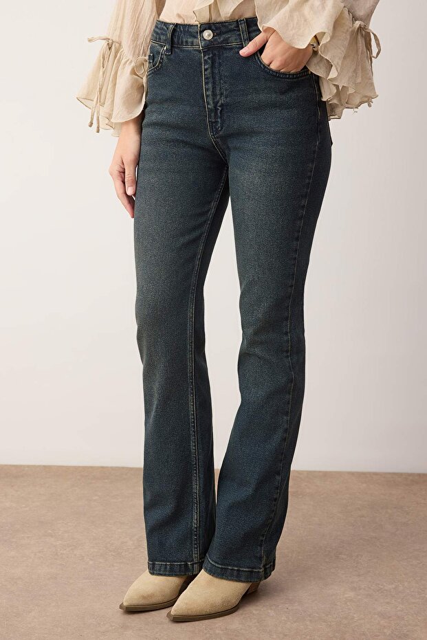 Mavi-Yeşil Soluk Efektli Yüksek Bel Orta Esnek Flare Jeans TWOSS26JE00022 - 7