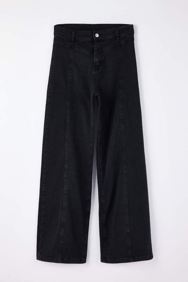 Fekete magas derekú, varrással díszített, extra rugalmas, széles szárú farmer TWOSS26JE00024 - 5