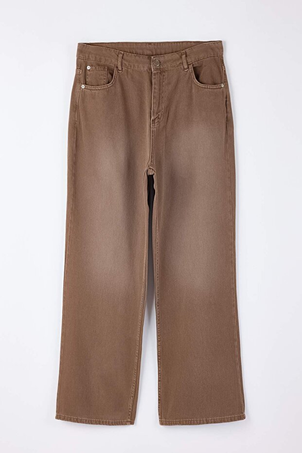 Bej Yüksek Bel Straight Fit %100 Pamuk Non-Strerch Denim Büyük Beden Jeans TBBSS24CJ00050 - 5