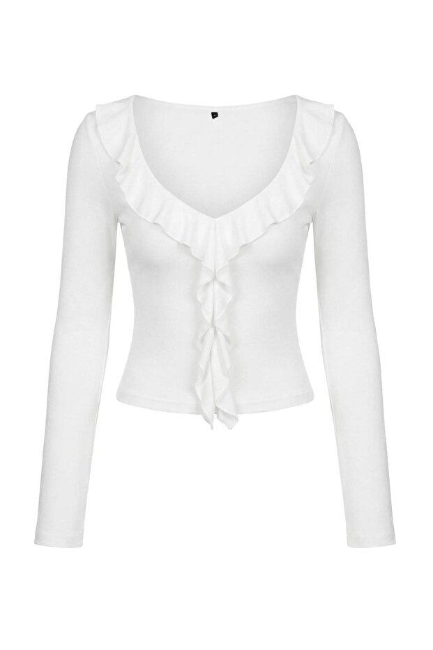Ekru Fırfırlı Fitted/Vücuda Oturan Örme Bluz TWOAW26BZ00287 - 5