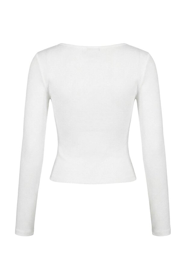 Ekru Fırfırlı Fitted/Vücuda Oturan Örme Bluz TWOAW26BZ00287 - 6
