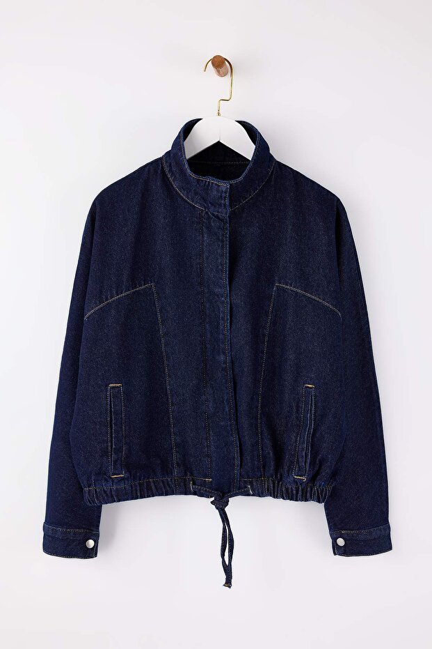 Koyu Mavi Dik Yaka Bomber 100% Pamuk Denim Ceket TWOSS26CE00003 - 6