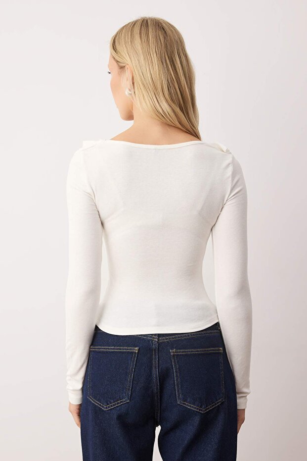 Ekru Fırfırlı Fitted/Vücuda Oturan Örme Bluz TWOAW26BZ00287 - 4
