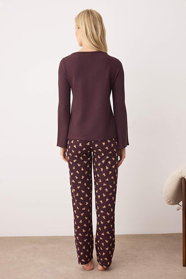 Kahverengi Ayıcıklı Yumuşak Kışlık Waffle Örme Pijama Takımı THMAW26PT00187 - 4