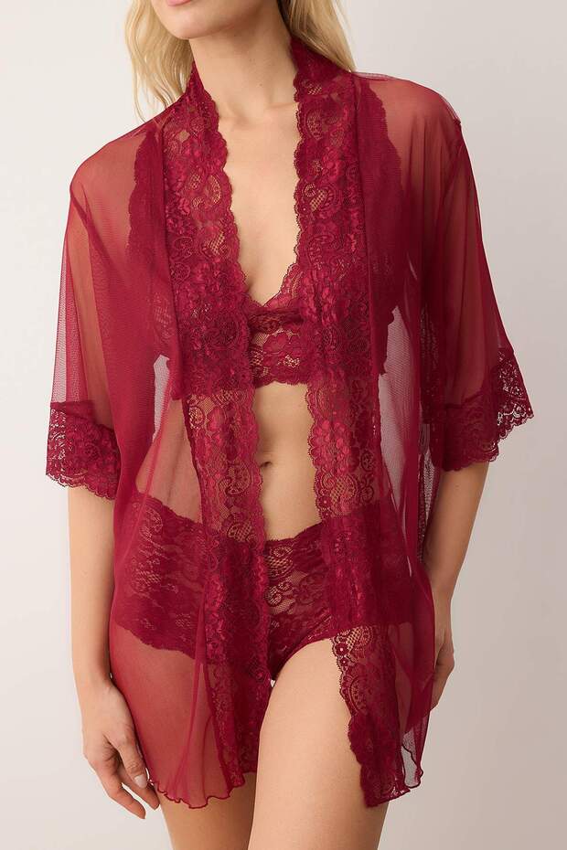 Bordo 3'lü Tül Dantel Detaylı Kapsız Örme Sabahlık+İç Çamaşırı Takımı THMAW26CC00013 - 3