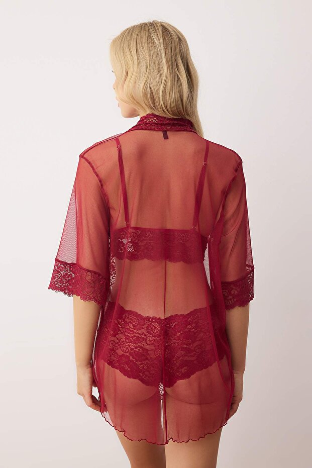 Bordo 3'lü Tül Dantel Detaylı Kapsız Örme Sabahlık+İç Çamaşırı Takımı THMAW26CC00013 - 5