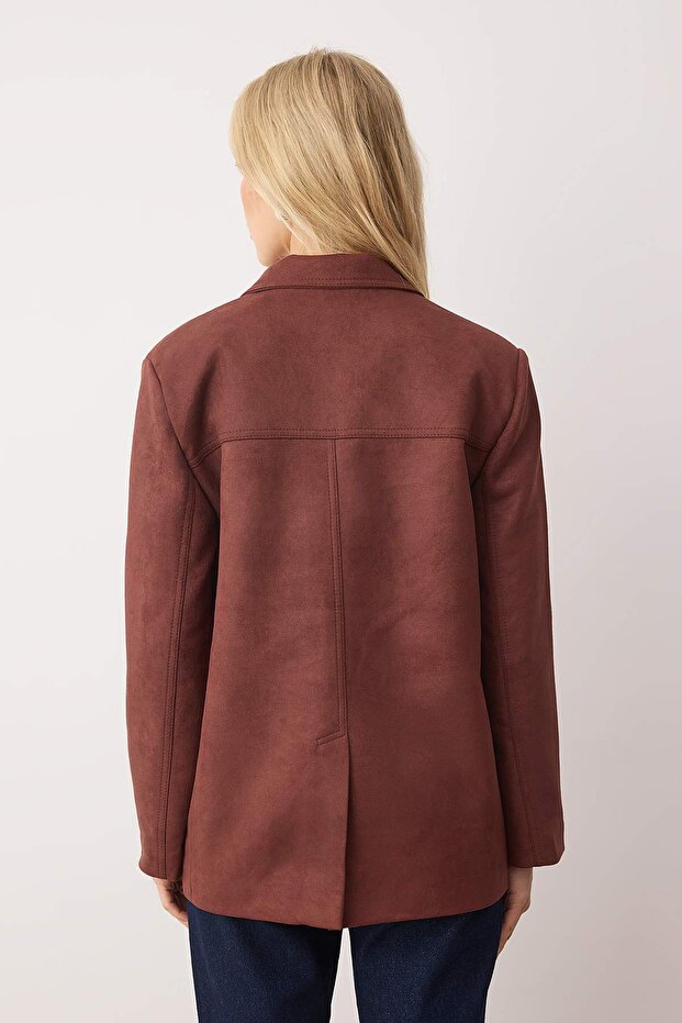 Kahverengi*001 Rahat Kalıp Dokuma Süet Blazer Ceket TWOAW26BC00001 - 4