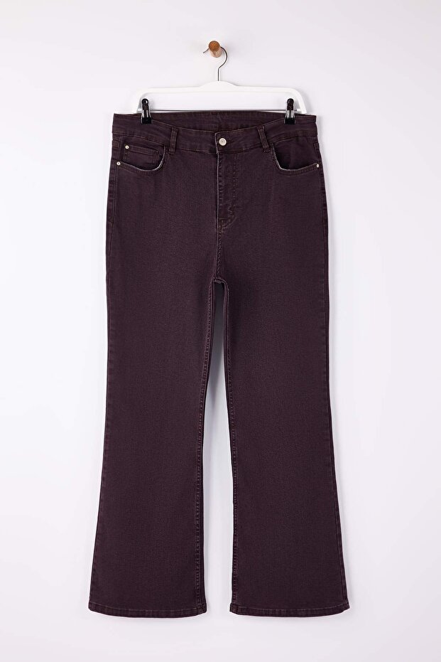 Bordo Yüksek Bel Esnek Kumaş İspanyol Paça Flare Fit Büyük Beden Jeans TBBAW23JE00001 - 7