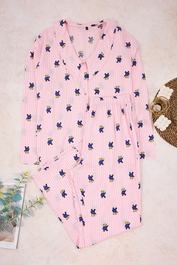 Pembe Çizgi&Kalp Desenli Gömlek Yaka Dokuma Pijama Takımı TBBAW26AI00029 - 3