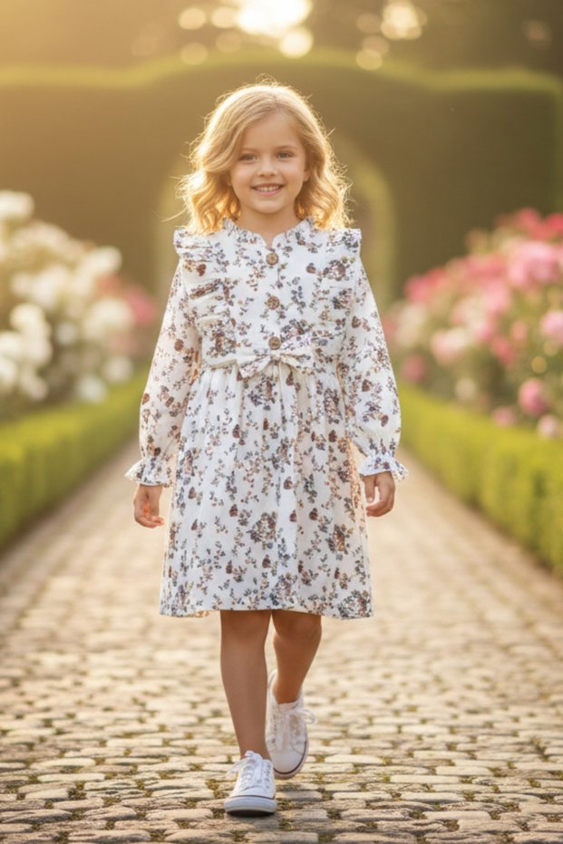 Girls' Long Sleeve Printed Cotton Muslin Fabric Seasonal Dress