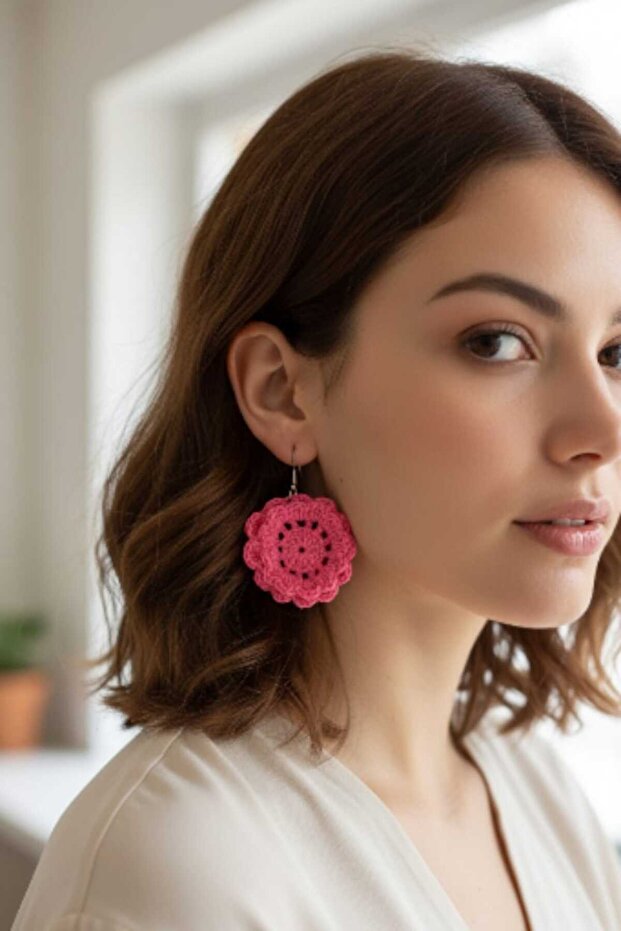 Crochet Örme Pembe Çiçek Küpe - 1