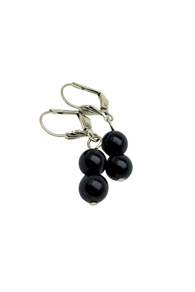 Handmade Onyx Natural Stone Dangle Unisex Earrings – 8mm Black Stone, Silver Color, Latch Clip