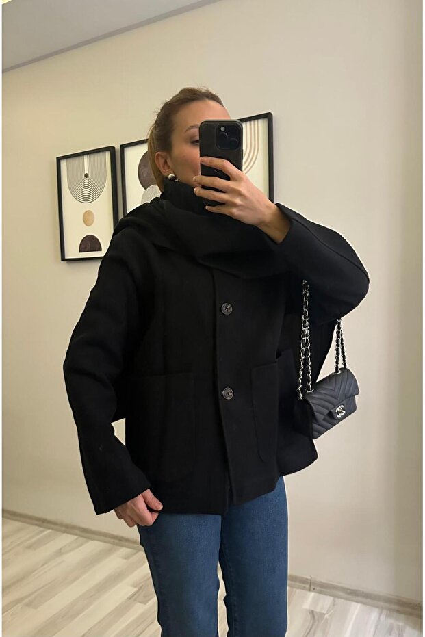 Black Cashmere Coat with Detachable Wide Scarf
