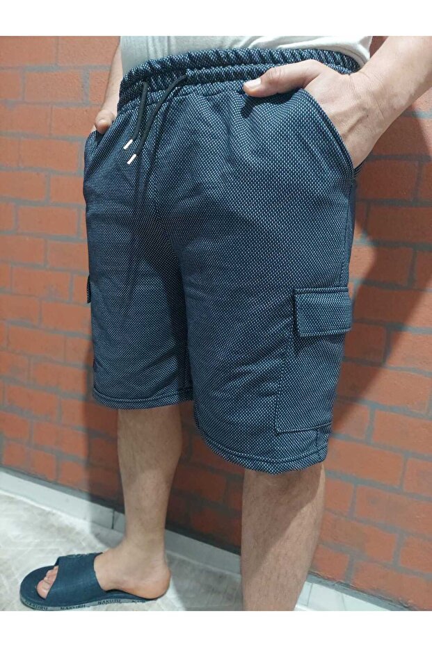 Men's Sport Shorts Comfortable Fit Rain Pattern Cargo Pockets Navy Blue