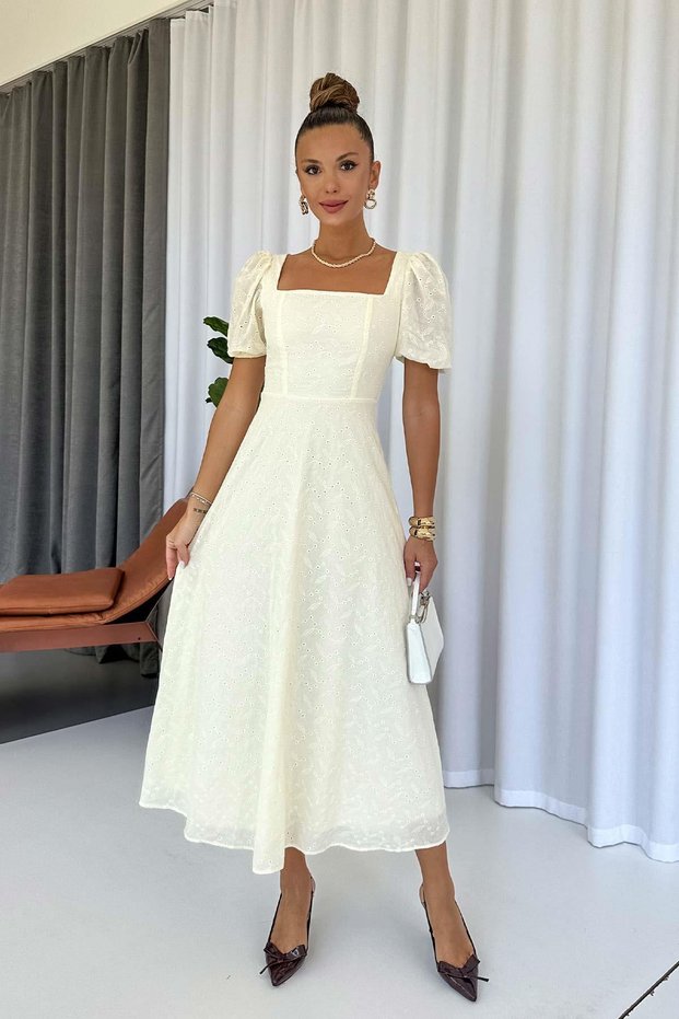 Balloon Sleeve Square Neck Embroidery Detail Dress - Beige