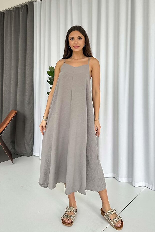 Thin Strap V-Neck Long Dress - Gray