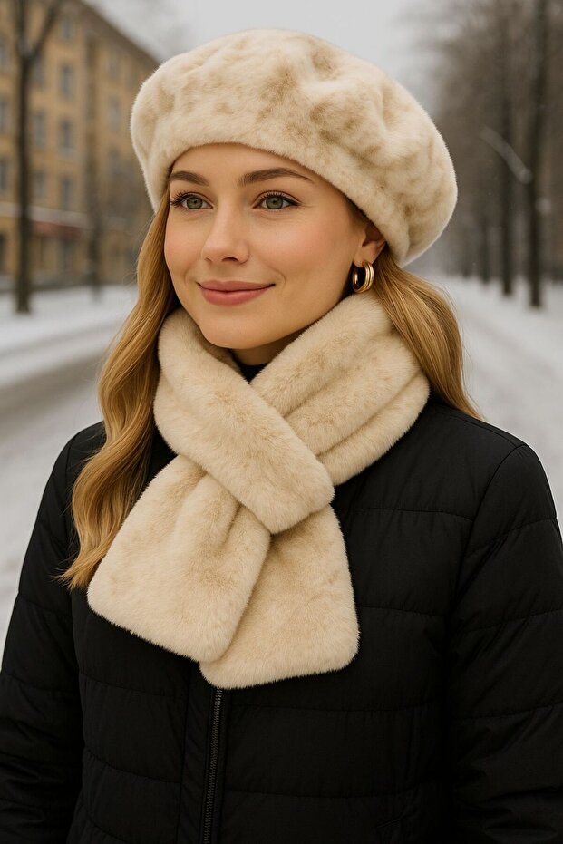 Beige Soft Textured Plush Painter's Beret and Neck Collar Set of 2